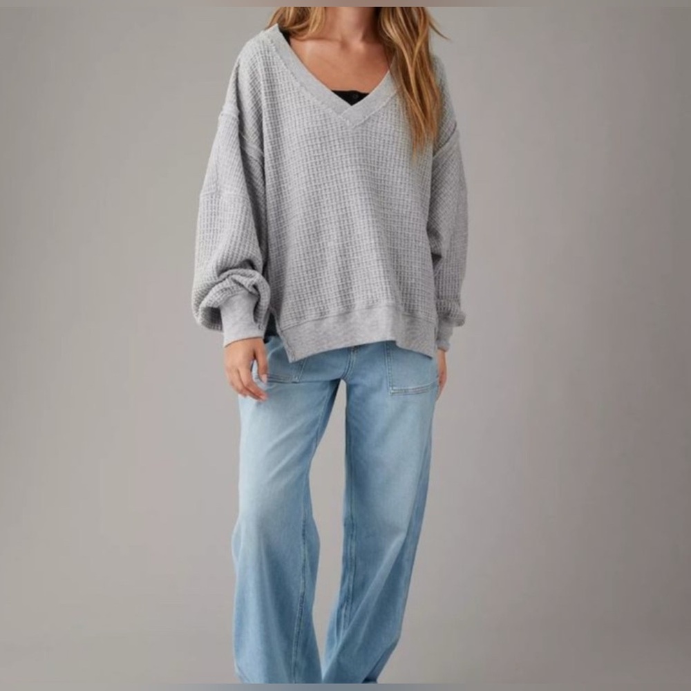 American Eagle Oversized Big Hug Waffle V-Neck Sweatshirt XS AERIE abercrombie